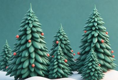 The primary subject of the image is a set of three green Christmas trees. The trees are decorated with red ornaments, creating a festive and holiday atmosphere. The setting is a snowy landscape, which adds to the wintry ambiance. The visual style of the image is a combination of digital art and illustration, giving it a unique and creative appearance. The colors and mood of the image are predominantly green and red, reflecting the traditional colors of Christmas trees and ornaments.